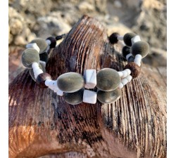 Bracelet 2 rangs : graines perles du Zanzibar - obsidienne blanche
