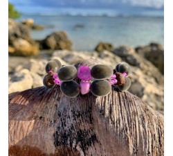 Bracelet 2 rangs : graines perles du Zanzibar - quartz rose