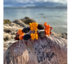 Bracelet 2 rangs : graines perles du Zanzibar - coquillages orange