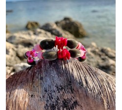 Bracelet 2 rangs : graines perles du Zanzibar - coquillages roses