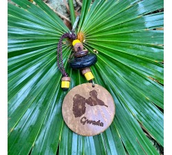 Porte clé : noix de coco - rond - carte Guadeloupe - jaune