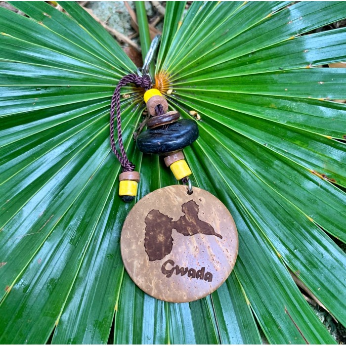 Porte clé : noix de coco - rond - carte Guadeloupe - jaune