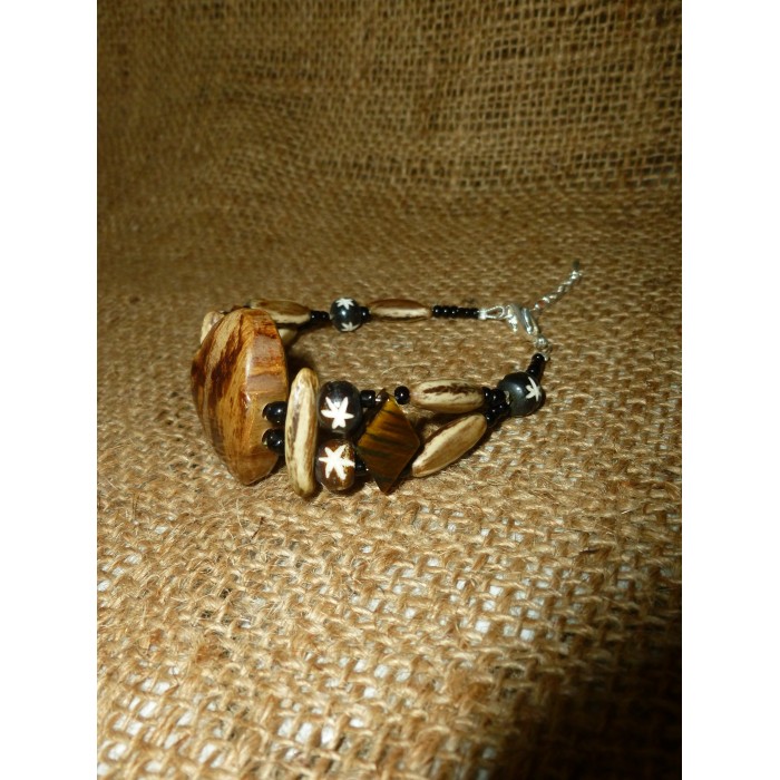 Bracelet 2 Rangs : feuille de Bananier - flamboyant - oeil de Tigre