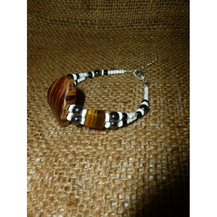 Bracelet 2 Rangs : feuille de Bananier - oeil de tigre - hématite - nacre