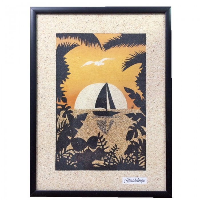 Tableau de sable : voilier/soleil - (24cm X 18cm)