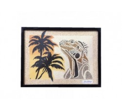 Tableau de sable : iguane/palmiers - (24cm X 18cm)