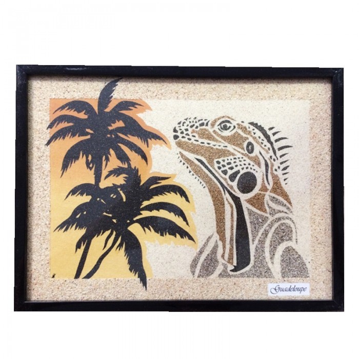 Tableau de sable : iguane/palmiers - (24cm X 18cm)