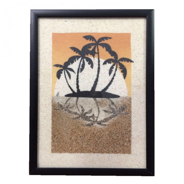 Tableau de sable : île et palmiers - (24cm X 18cm)