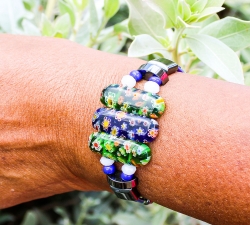 Bracelet 2 rangs : hématite et verre "Murano" bleu/vert